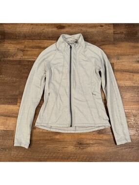 Athleta Track Jacket S Gray White Herringbone Full Zip Pockets Mock Neck Hiking